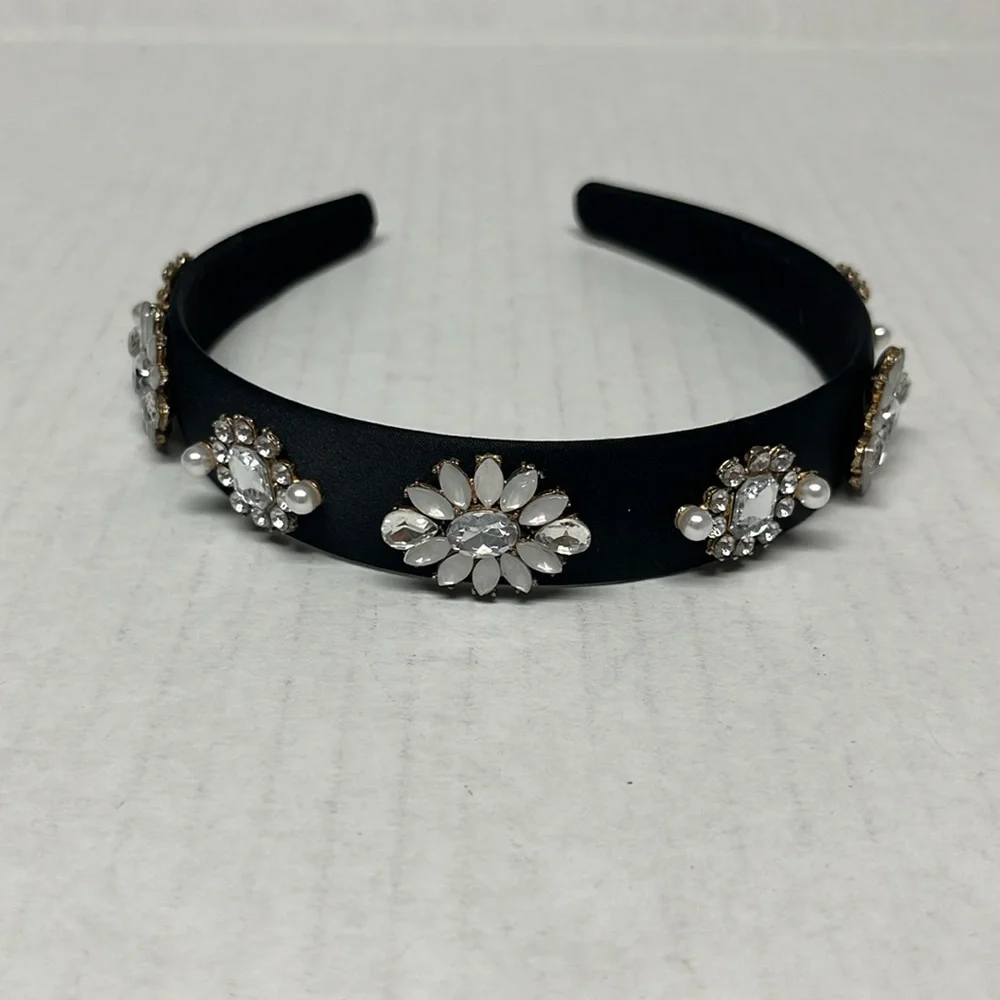 Black Satin Jeweled Embellished faux pearl rhinstones Headband coquette softgirl - Picture 3 of 8